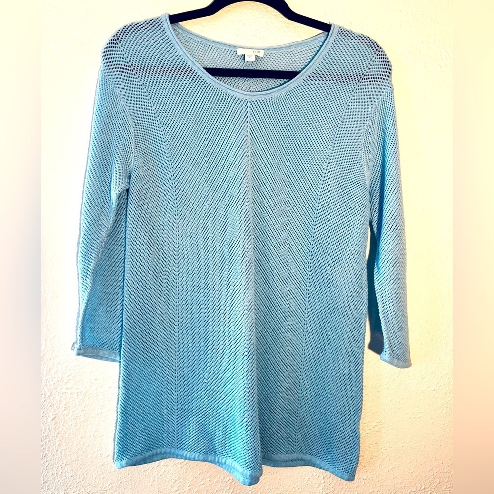 J JILL Open Knit 3/4 Length Sky Blue Top M  Lightweight Spring Summer
